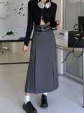 Vintage Belt Long Skirt Women Autumn 90s Aesthetic Streetwear Y2k High Waist Slim A-line Pleated Skirt Korean