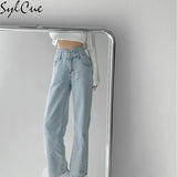 Youth Retro High-Waisted Breasted Jeans Women's New Drape Loose Straight Wide-Leg Trousers Thin Mopping Female