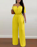 Jumpsuit Off Shoulder Shirred Waist Jumpsuits Summer 2023 Women Wide Leg Pants Playsuits High Waist Overalls