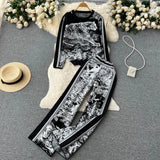 Winter Knitted Print Sets Women O Neck Long Sleeve Knitwear+Wide Leg Long Pants Fashion Retro Sweater Two Pieces