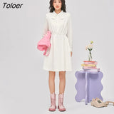 Women Dress 2022 Autumn Long Sleeves Bow-knot Neck Drawstring Waist White 3D Jacquard Casual Streetwear A-line