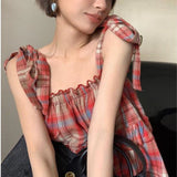 Lace Up Sleeveless Plaid Cami Top-Outfit