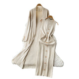 Senior Sense Loose External Medium And Long Knitted Cardigan Jacket + Sleeveless Metal Buckle Joint