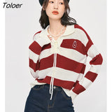 Women Sweaters 2022 Autumn Long Sleeves Polo Collar Lace-up Knitted Pullover Striped Graphic Print Elegant Vintage