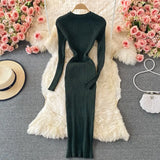 Women Shiny Knitted Dress Long Sleeve O Neck Elastic Slim Pencil Dresses Autumn Sexy Bodycon Streetwear Sweater