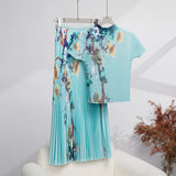 Fashion Set Women's Summer French High-Grade Folding Print Short-Sleeved Top + Loose A Word 100-Fold Long