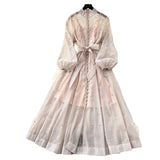 Standing Collar Nails Drilled Full Of Star Buckle Lantern Sleeves Tied With Waist Temperament Dress Famous Party Dress