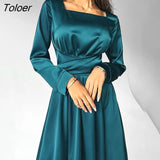 Elegant Satin Square Collar A-Line Dresses Autumn Black High Waist Midi Dress Party Long Sleeve Lace Up Dress Women