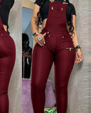 Women One Piece Outfits PU Jumpsuits Buckled Zipper Design Suspender