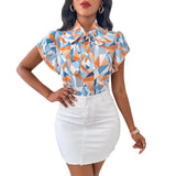 Chiffon Stand Collar Printed Short Sleeve