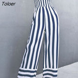 Elegant Strapless Jumpsuit Long Women Fashion Black Striped Overalls Wide Leg Rompers Backless Sexy Outfits For