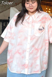 Women Plus Size Shirt Kawaii Print Cute Harajuku Polo Collar Blouses Oversize Korean Casual Pink Tops Unisex