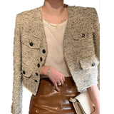 Female Fashion Tweed V Neck Warm Coat All Match Elegant Vintage Long Sleeve Jacket Basic Short Office Lady Outerwear Chic