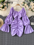 Elegant Solid Dress Women Ruched V Neck Flare Sleeve Slim Dresses Autumn Korean Fashion Streetwear Short
