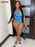 Mounted-neck Backless One Piece Swimsuit Women Summer Off The Shoulder Sleeveless Print Bathing Suits Bodycon Swimwear