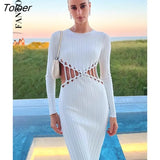 Round Collar Hollow Out Midi Dress Women Long Sleeve High Waist Pleated Dress Sexy Elegant Fashion Black Female