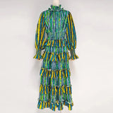 TWOTWINSTYLE Print Colorblock Summer Dress Women 2022 Stand Collar Long Sleeve High Waist Loose Mid Dresses Female Fashion