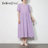 TWOTWINSTYLE Casual Purple Gingham Summer Long Dress Female Round Neck Puff Short Sleeve High Waist Midi Dresses For Women