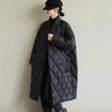 2021 New Women's Oversized Literary Stand Up Collar Solid Color Press Line Grid Medium Long White Duck Down Jacket For