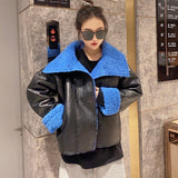 Autumn Patchwork Women Fur Faux Leather Jacket Turn Down Collar Ladies Winter Thick Warm Oversized Coat Woolen Blend