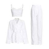 Blue Three Piece Sets For Women Sexy Camis Notched Long Sleeve Belt Shirt High Waist Pants Slim Sets Female