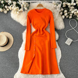 Autumn Women Split Knitted Dress Temperamant Long Sleeve O Neck Slim 2022 Fashion Party Solid Elastic Warm Long