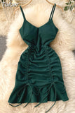New Sexy V-neck Spaghetti Strap Sleeveless Mini Bodycon Dress Summer Women Slim Waist Drawstring Ruched Ruffles Party