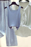 Chiffon Shirt Elastic Waistcoat Wide Leg Jeans Three-piece Elegant Women Pants Set Summer Outfits Street