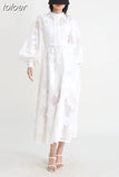 Elegant Solid Dresses For Women Stand Collar Long Sleeve Single Breasted High Waist Tunic Embroidery Dress Female