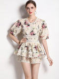 Flower Embroidery Lace Shorts Set Women Short Sleeve Hollow Out Ruffles Shirt Top+Wide Leg Shorts Summer 2 Piece