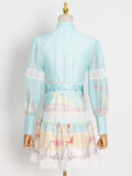 TWOTWINSTYLE Casual Print Colorblock Dress For Women Stand Collar Lantern Long Sleeve High Waist Mini Dresses Female Spring