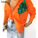 Sequin Leaf Pattern Button Down Shirt +Orange Unique Design 2023 Autumn Europe and America Fashion Women's