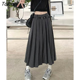 Korean Vintage Pleated Skirt Long Women Autumn Low Rise Preppy Style Casual A-Line Midi Skirt with Belt 90s