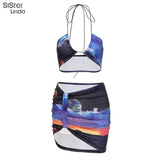 Sisterlinda Stylish Spring Sexy Halter Clubwear Women Two Piece Outfits Sleeveless V Neck Backless Top+Skirts Party Matching