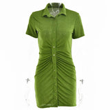 Dress Women Ruched Skinny Mini Shirt Dress 2021 Spring Elegant Bodycon Green Vestido Casual Ladies Sexy Slim Short