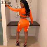 Sisterlinda Reflective Stripes Buckle Strap Sexy Crop Top Women Shorts Tracksuit Set Women Summer Fashion Club Streetwear