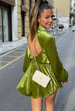 Casual Green Velvet Puff Sleeve Skater