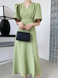 Chiffon Puff Sleeve Split Dress Green White Elegant Summer Women Maxi