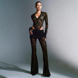 Toloer Sexy Lace Stitching Deep V Long Sleeve Top Slim See-Through High Waist Bell Bottoms Women's Suit-Outfit