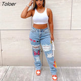New Design Letter Print Cute Cartton Denim Pants Hight Waist Hollow Out Hole Ripped Jeans Women Sexy Straight