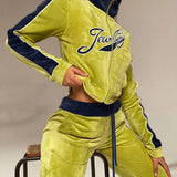 Print Velvet Tracksuit Set Women Fashion Streetwear Outfits Female Zipper Sport Clothes Straight Tracksuit Casual