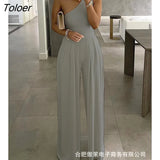 New Women Summer Plant Pattern Print Rompers Lady Elegant One Shoulder Sleeveless Formal Loose Wide Leg Pants