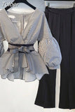 Sleeve Waistband Decorative Chiffon Shirt Casual Wide Leg Pants Two Piece Elegant Women's Pants Set Summer