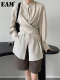 Women Apricot Cross Bandage Blouse New Stand Collar Long Sleeve Loose Fit Shirt Fashion Tide Spring Autumn 2023