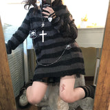 Pink Striped Gothic Sweaters Women Ripped Holes Loose Knitted Pullover Frayed Fairy Grunge Jumpers Emo Streetwear
