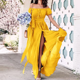 Celmia Bohemian Sexy Long Dress 2022 Summer Women Ruffles Maxi Beach Sundress Off Shoulder Short Sleeve Buttons Party