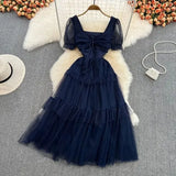 Summer Sweet Women Mesh Ruffle Party Dress Purple/Red/Beige Square Collar Short Sleeve High Waist A-Line Vestidos Female