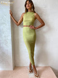 Sexy Green Pleated Women'S Skirt Suit Summer Sleeveless Crop Top With High Waisted Skirts Set Bodycon Suits With