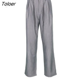 Women Loose Leisure Grey Striped Formal Suit Pants Business Design Female High Waist Wide Leg Trousers Male Office Casual