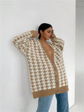 Sexy long cardigan women Winter fall houndstooth plaid knitted sweater V neck casual Single Breasted streetwear